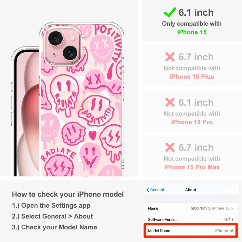 Pink Dripping Smiles Positivity Radiate Face Phone Case - iPhone 15 Case Clear With MagSafe