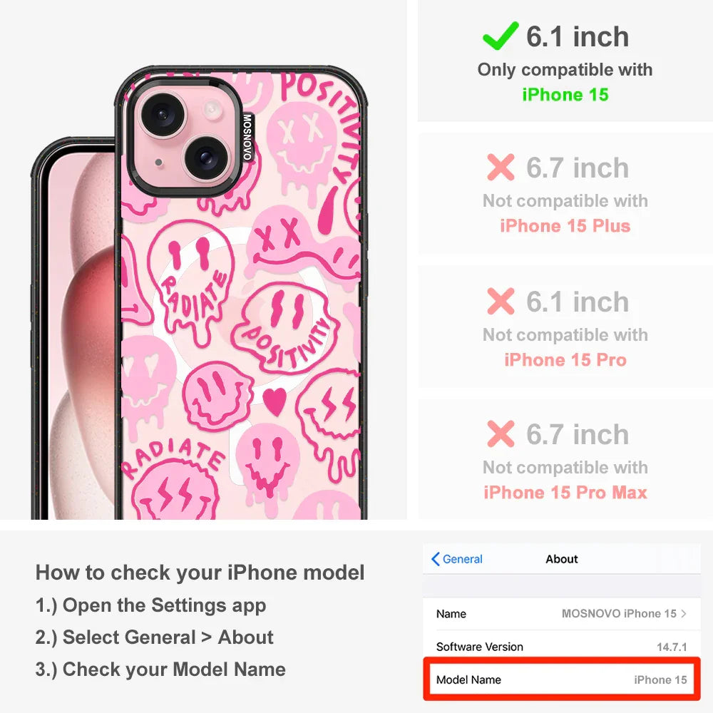 Pink Dripping Smiles Positivity Radiate Face Phone Case - iPhone 15 Case Clear Black ShockStone With MagSafe