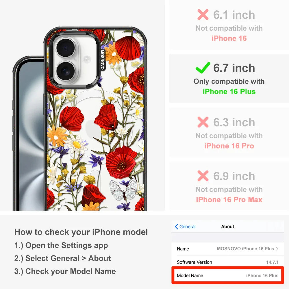 Poppy Floral Phone Case - iPhone 16 Plus Case Clear Black ShockStone With MagSafe