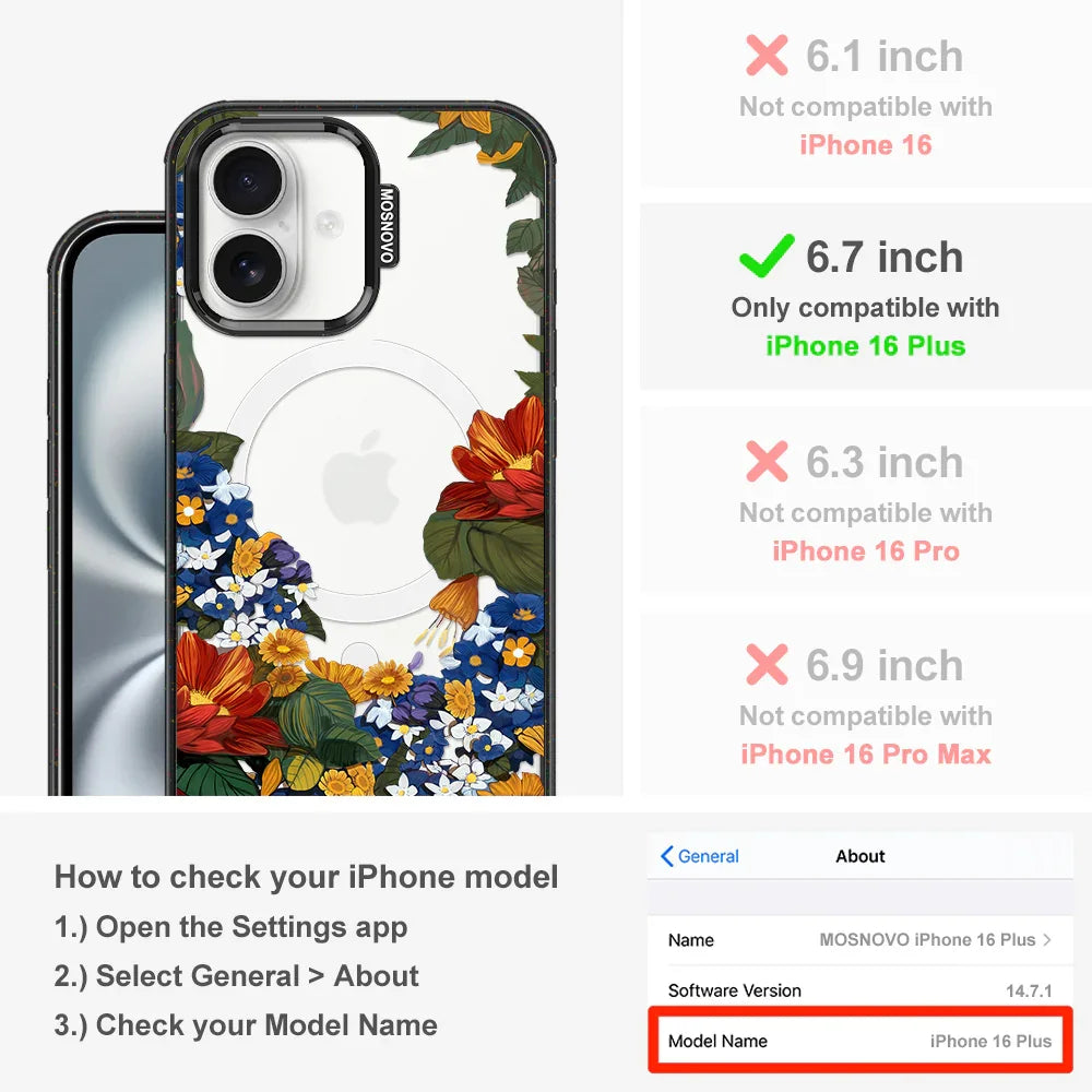 Floral Garden Phone Case - iPhone 16 Plus Case Clear Black ShockStone With MagSafe