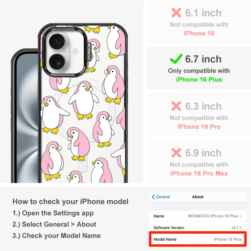Pink Penguins Phone Case - iPhone 16 Plus Case Clear Black ShockStone With MagSafe