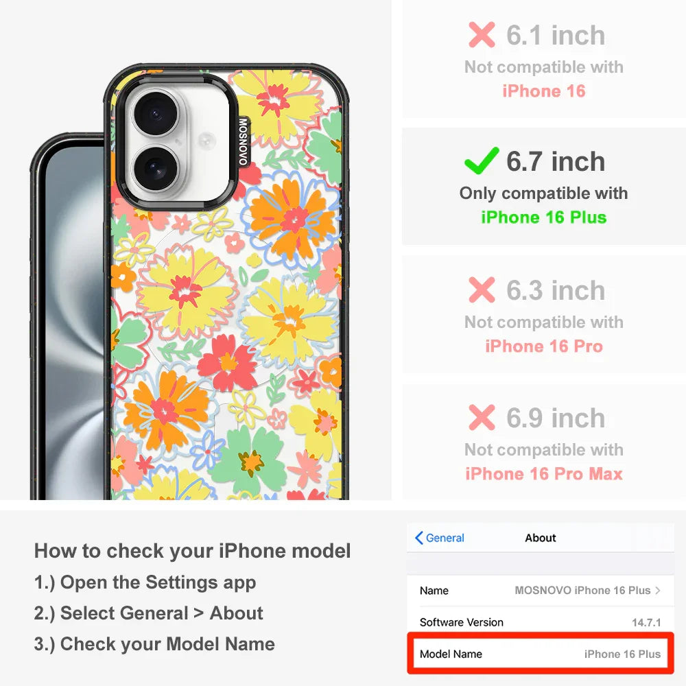 Retro Boho Hippie Flowers Phone Case - iPhone 16 Plus Case Clear Black ShockStone With MagSafe
