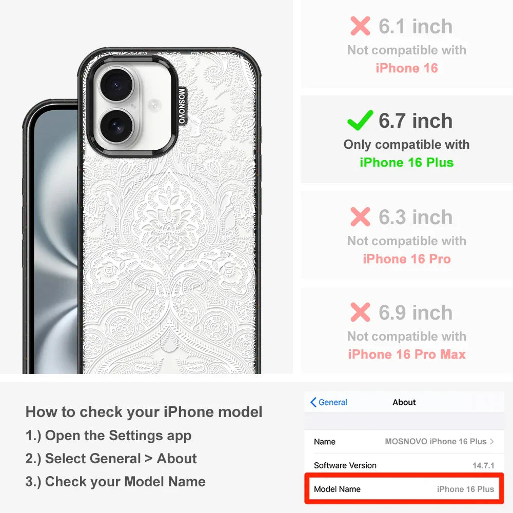 White Damask Phone Case - iPhone 16 Plus Case Clear Black ShockStone With MagSafe