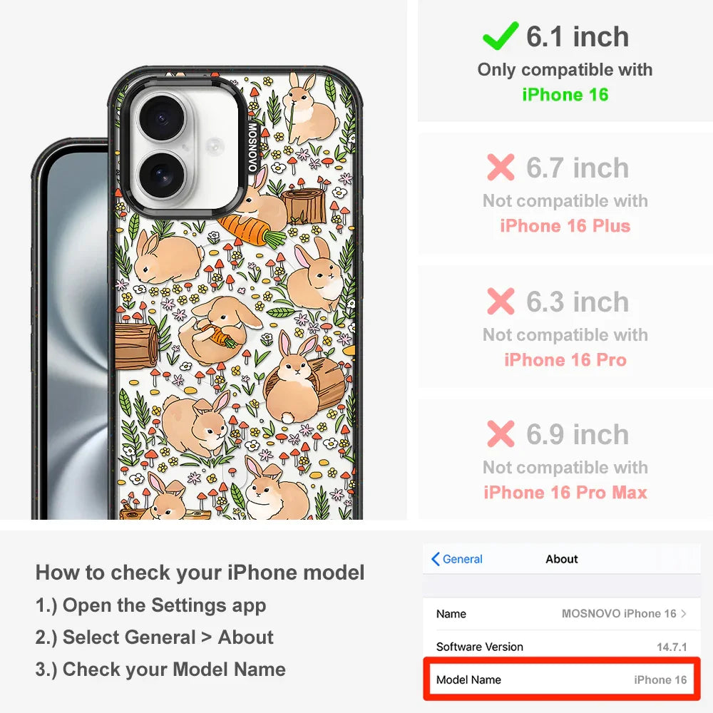 Cute Bunny Garden Phone Case - iPhone 16 Case Clear Black ShockStone With MagSafe