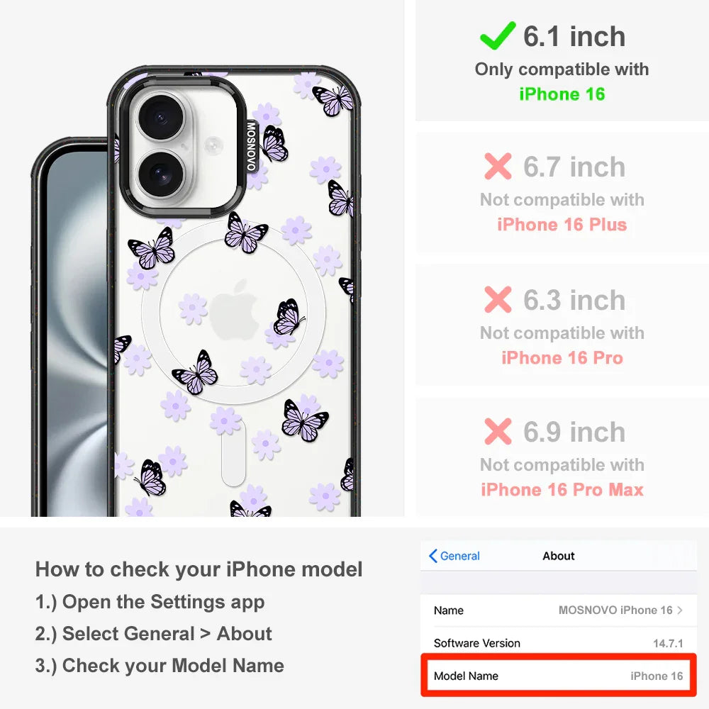 Lilac Butterfly Phone Case - iPhone 16 Case Clear Black ShockStone With MagSafe