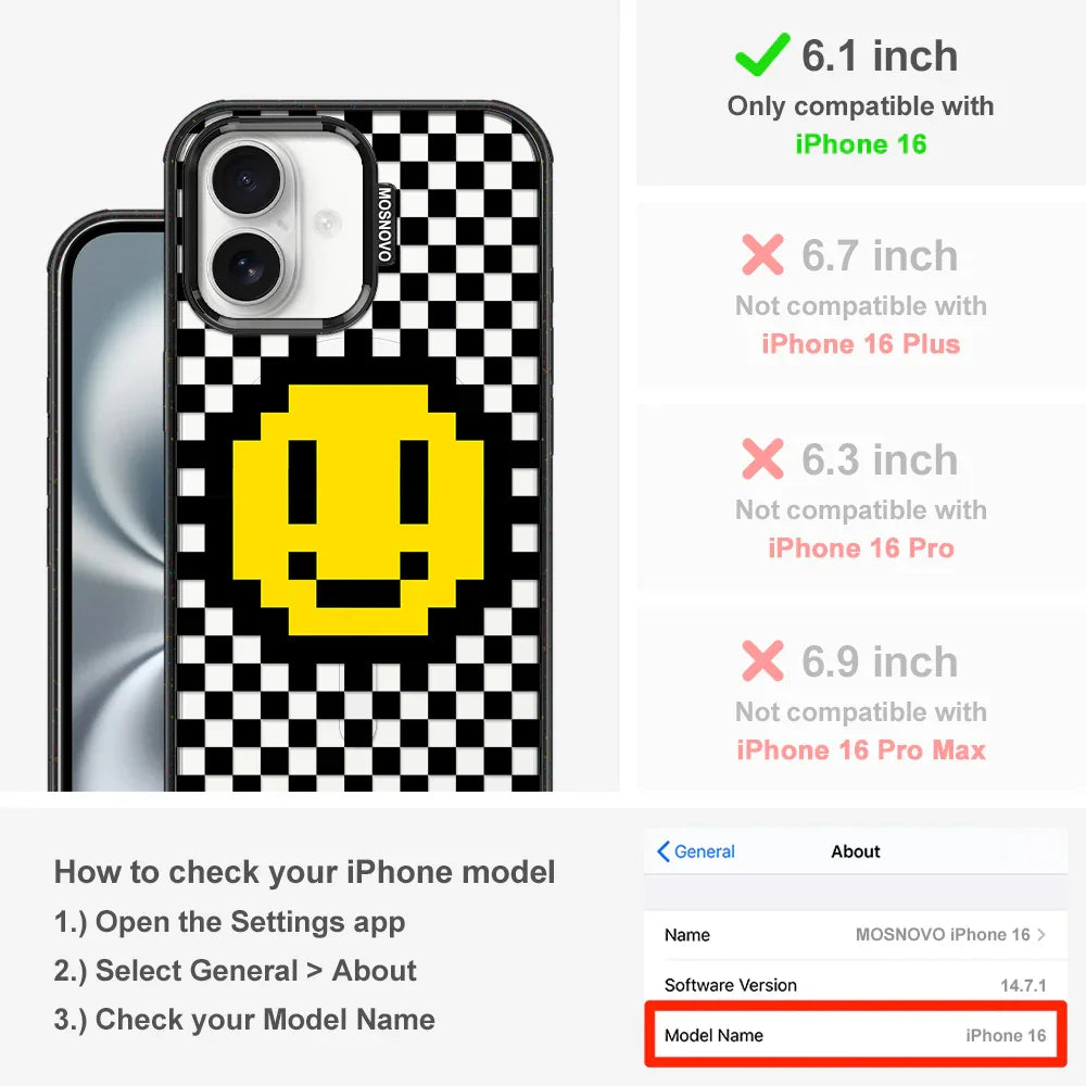 Smile Checkered Phone Case - iPhone 16 Case Clear Black ShockStone With MagSafe