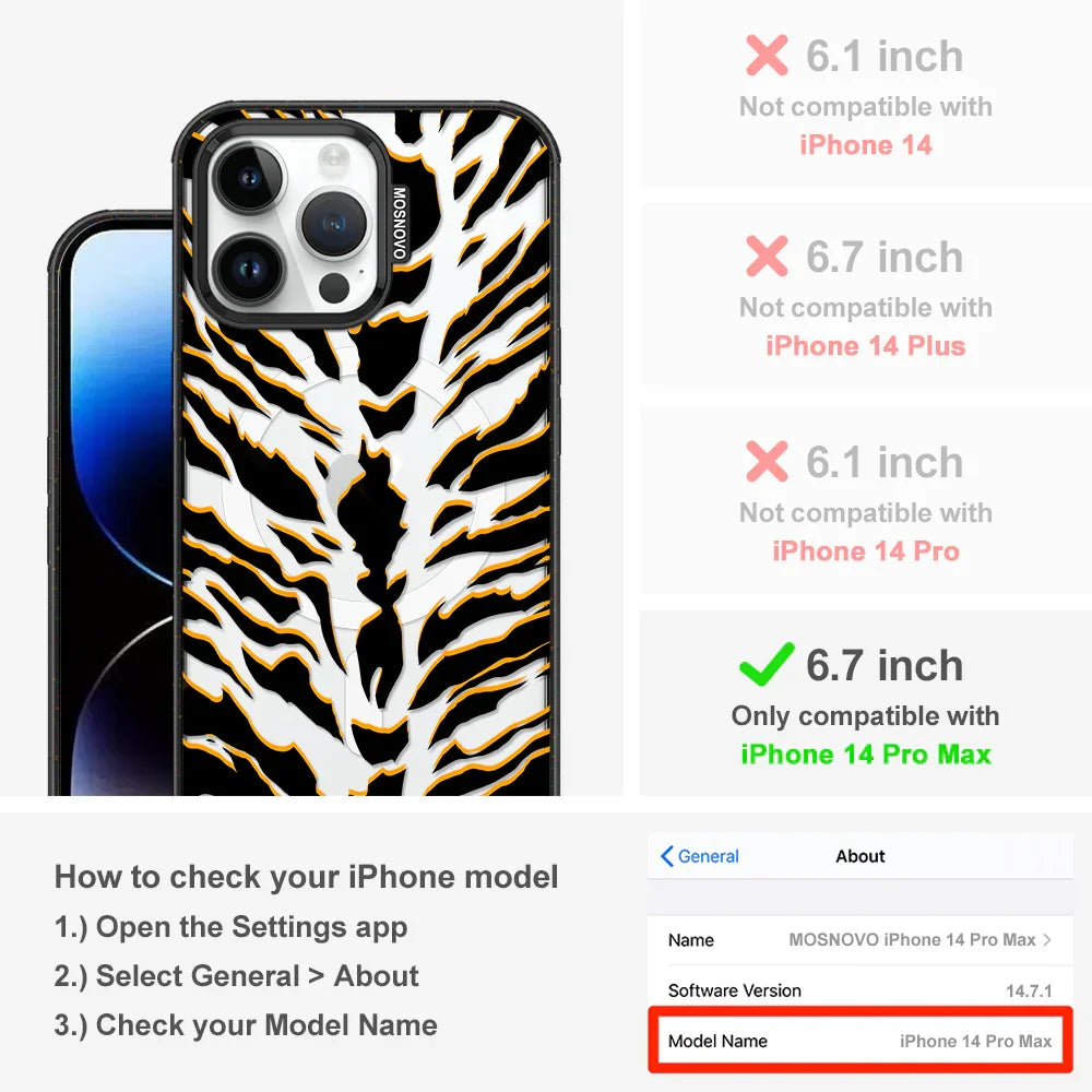 Tiger Print Phone Case - iPhone 14 Pro Max Case Clear Black ShockStone With MagSafe