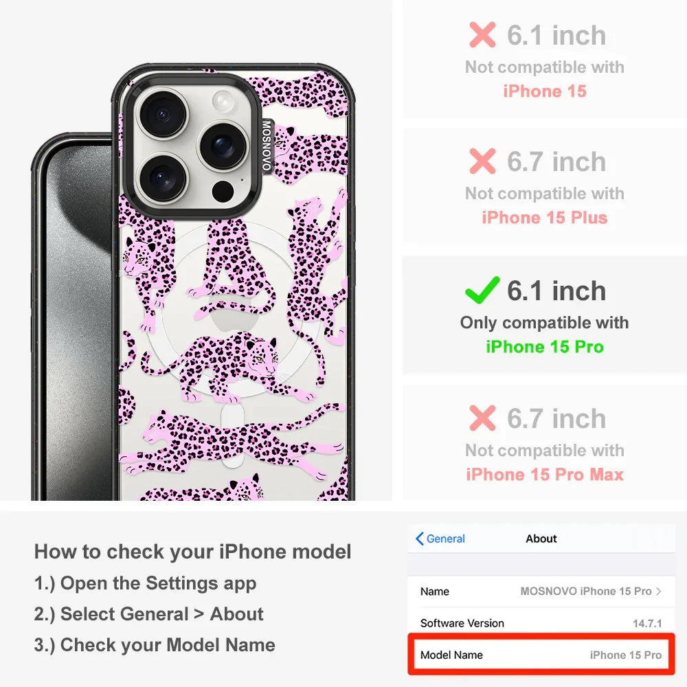 Pink Leopard Phone Case - iPhone 15 Pro Case Clear Black ShockStone With MagSafe