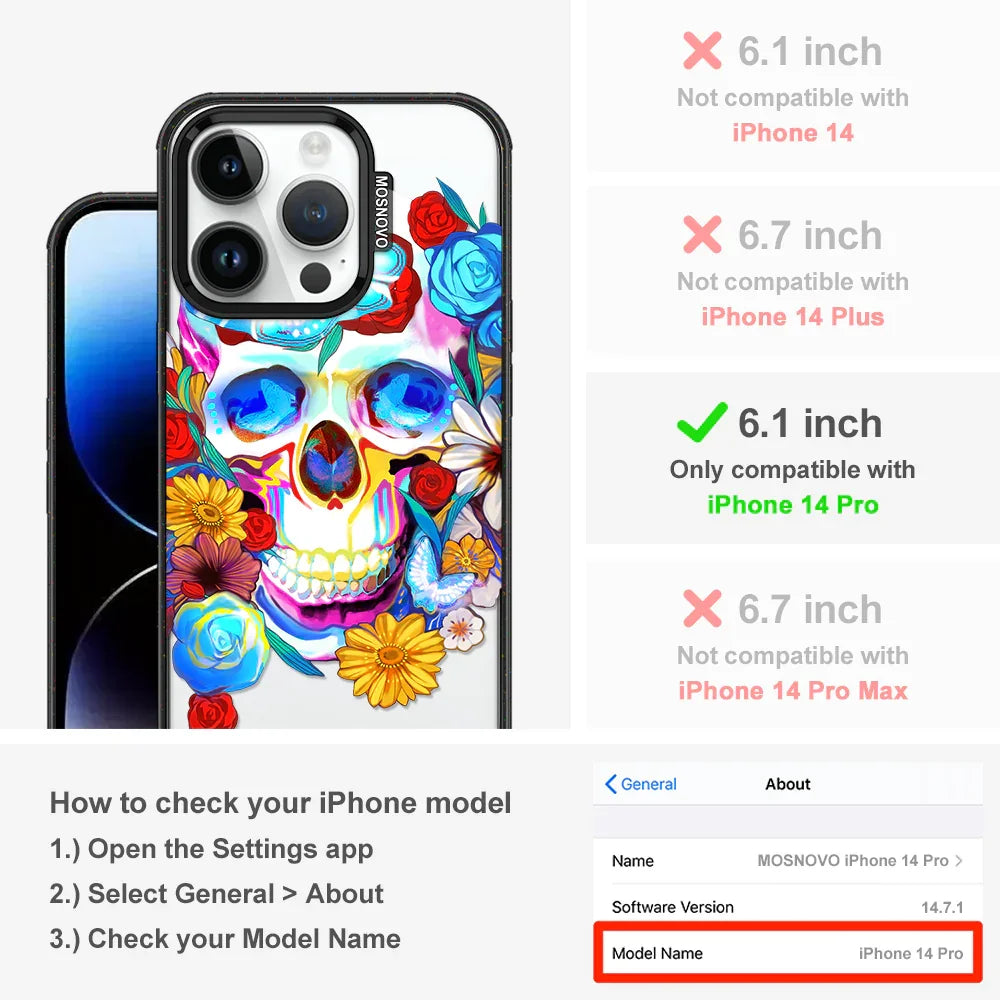 Sugar Flower Skull Phone Case - iPhone 14 Pro Case Clear Black ShockStone
