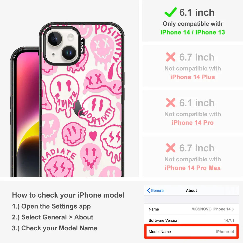 Pink Dripping Smiles Positivity Radiate Face Phone Case - iPhone 14 Case Clear Black ShockStone