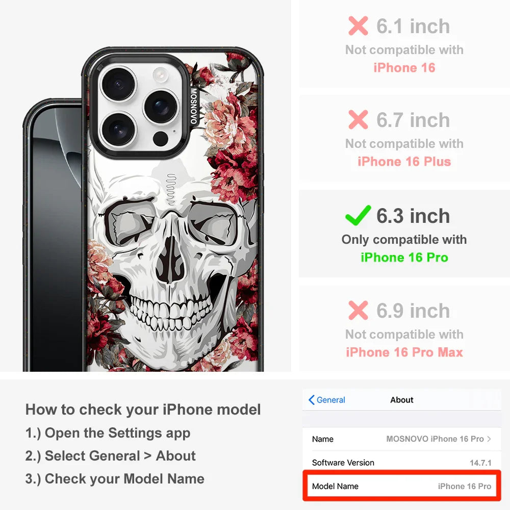 Red Flower Skull Phone Case - iPhone 16 Pro Case Clear Black ShockStone