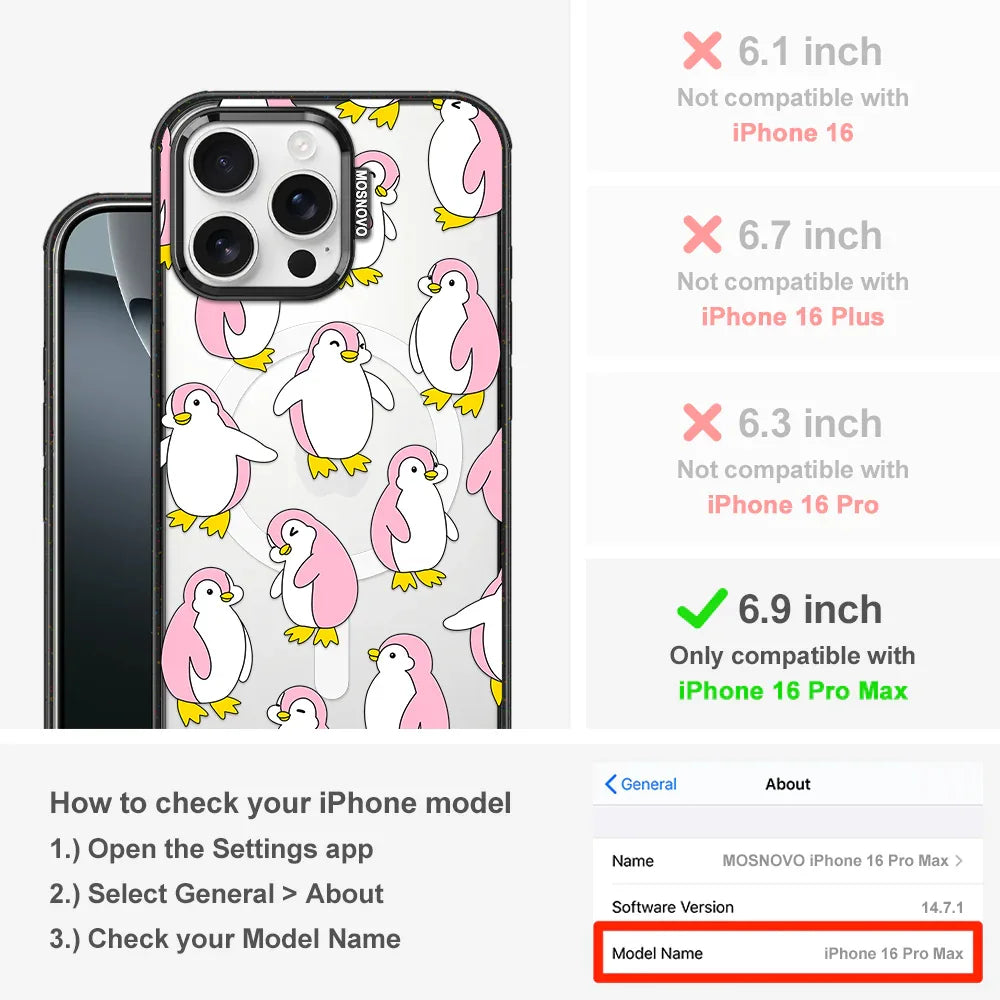 Pink Penguins Phone Case - iPhone 16 Pro Max Case Clear Black ShockStone With MagSafe