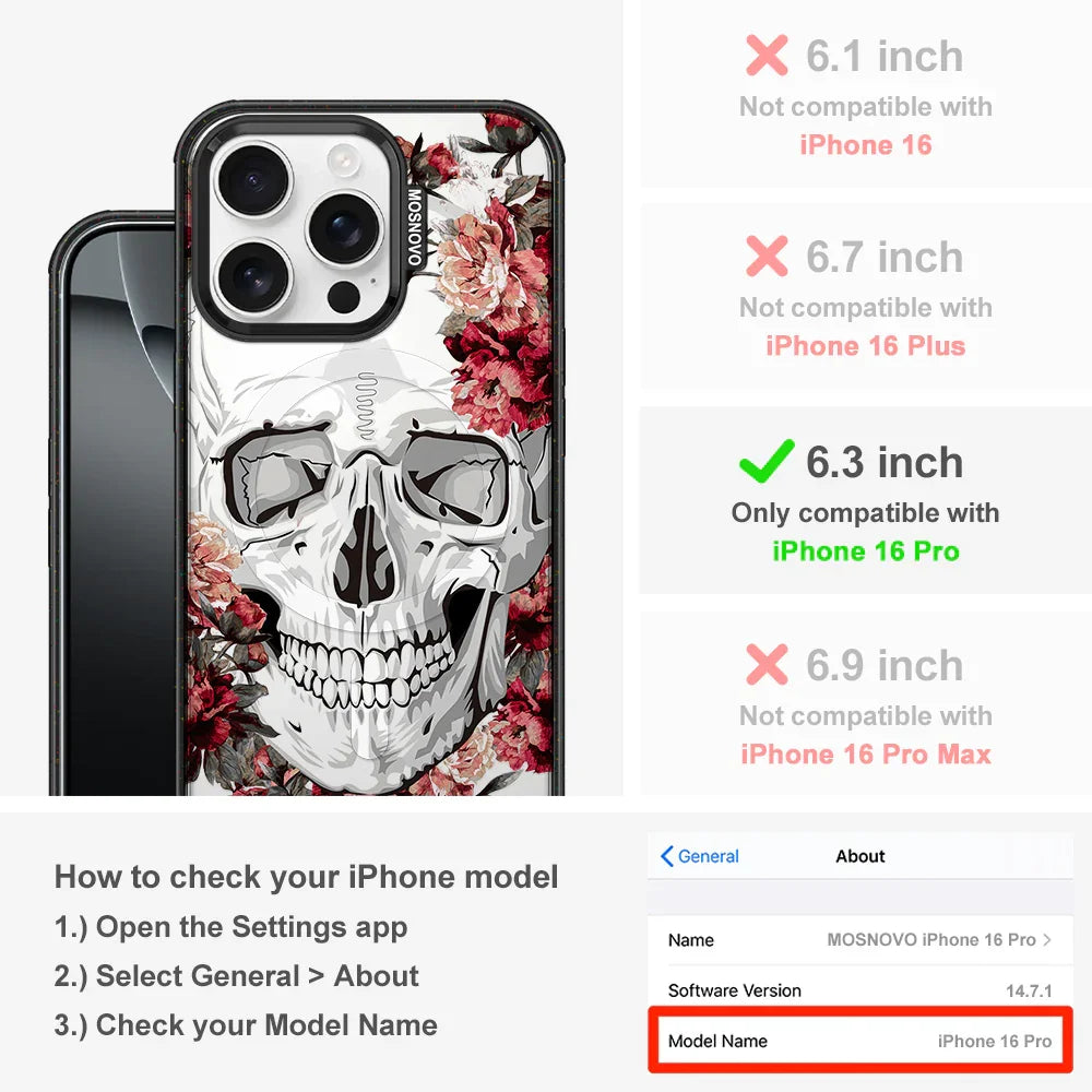 Red Flower Skull Phone Case - iPhone 16 Pro Case Clear Black ShockStone With MagSafe