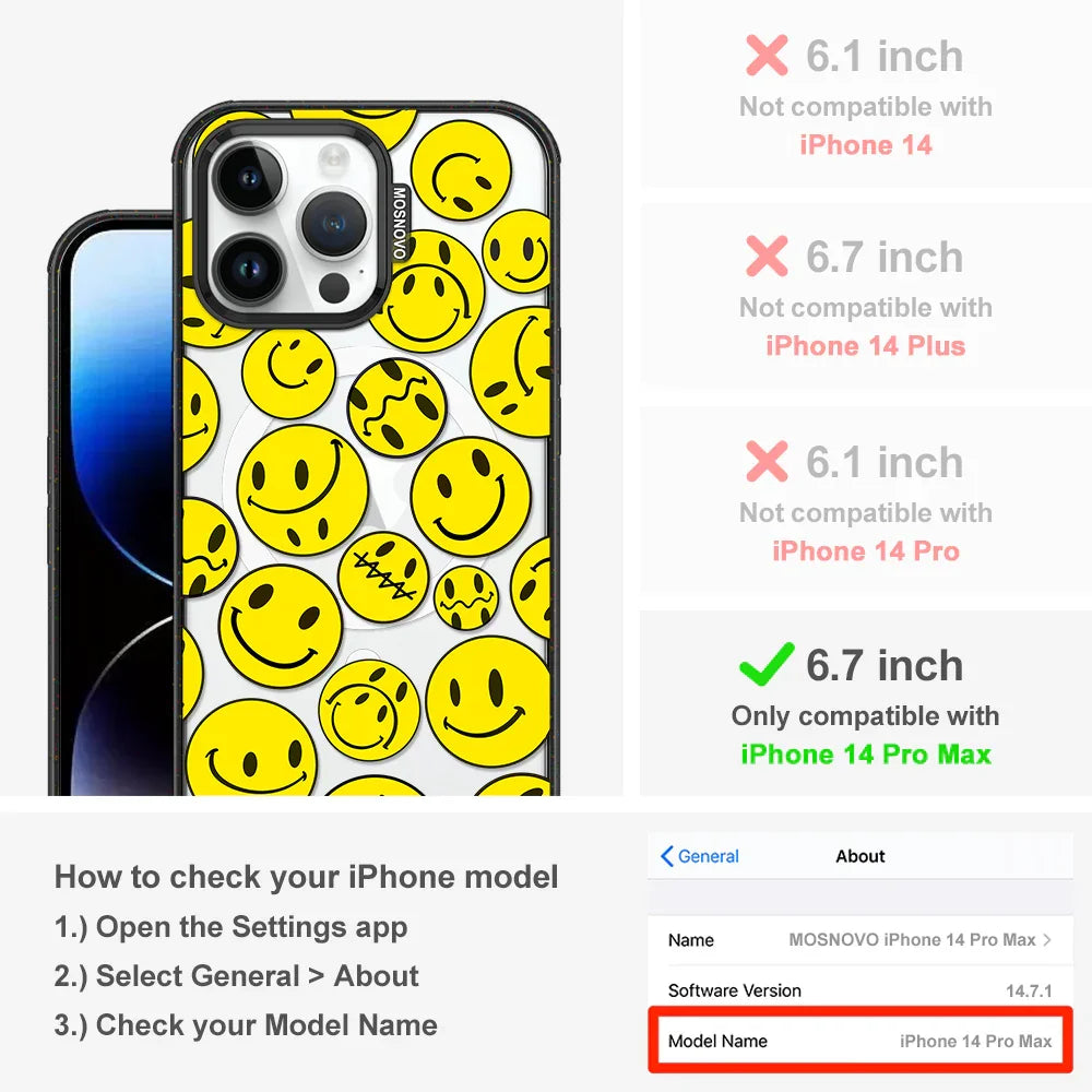 Smiley Face Phone Case - iPhone 14 Pro Max Case Clear Black ShockStone With MagSafe