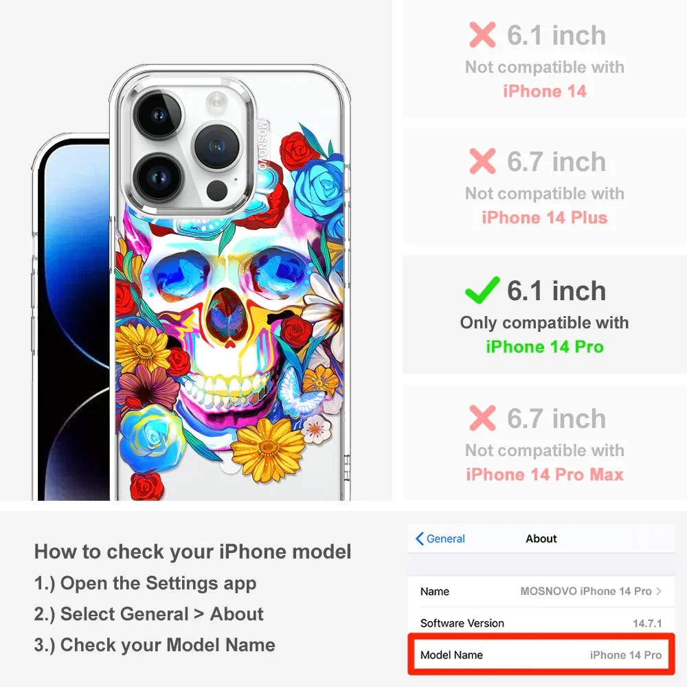 Sugar Flower Skull Phone Case - iPhone 14 Pro Case Clear With MagSafe