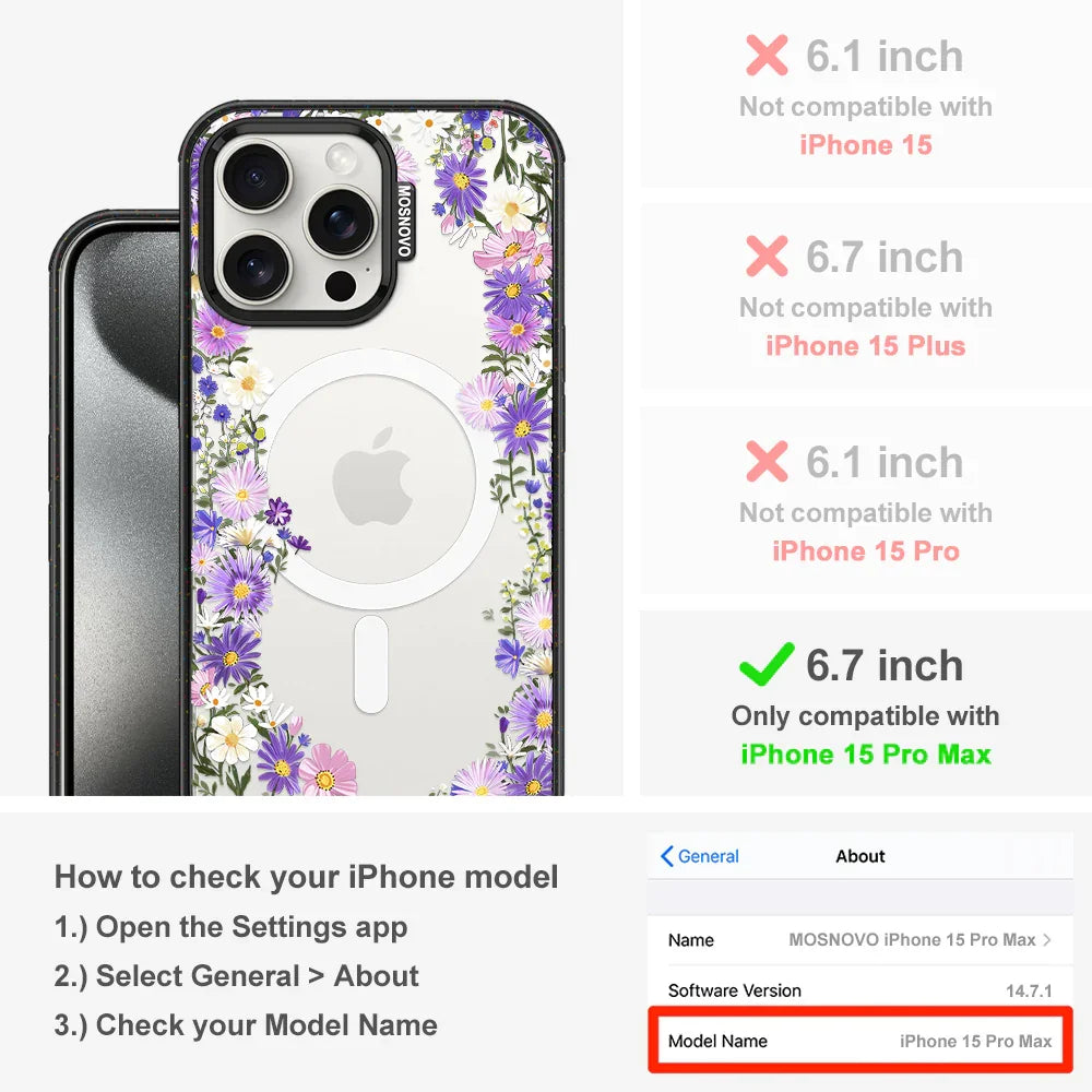 Purple Daisy Garden Phone Case - iPhone 15 Pro Max Case Clear Black ShockStone With MagSafe