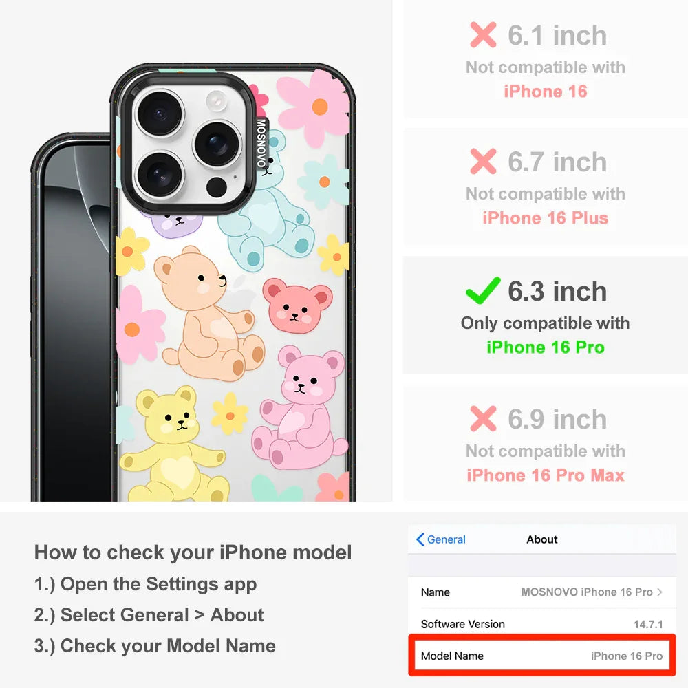 Cute Teddy Bear Phone Case - iPhone 16 Pro Case Clear Black ShockStone
