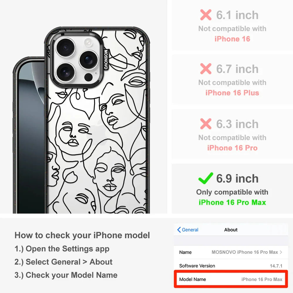 Abstract Face Line Art Phone Case - iPhone 16 Pro Max Case Clear Black ShockStone