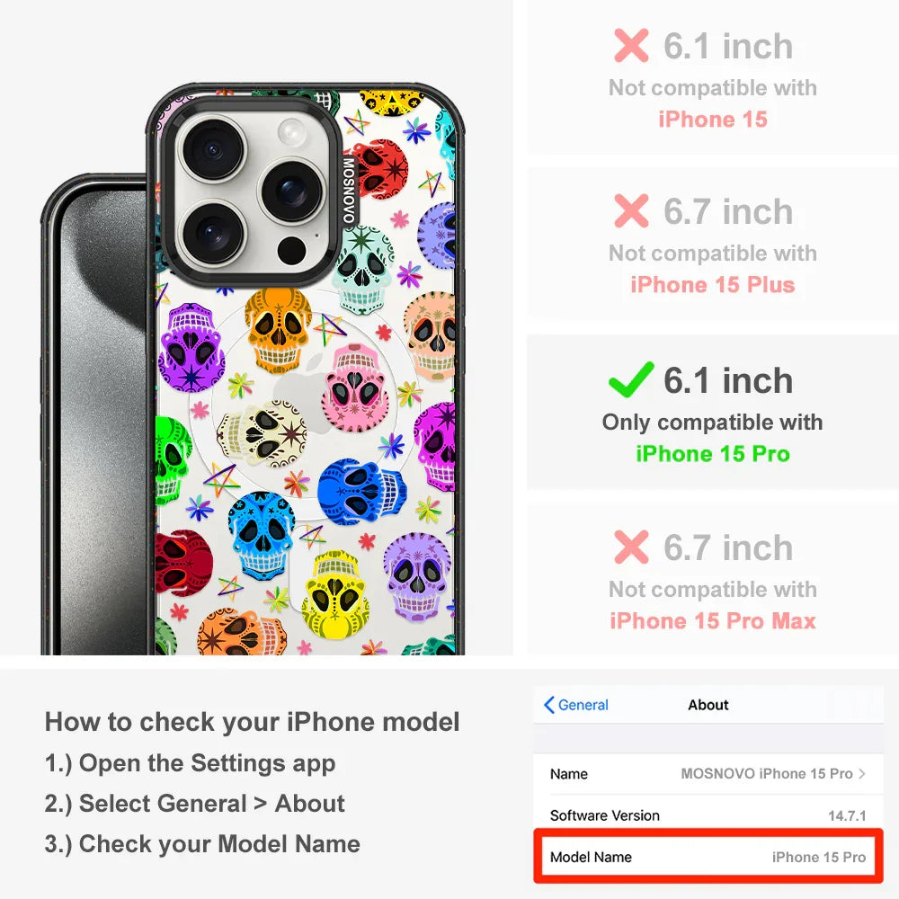 Sugar Skull Phone Case - iPhone 15 Pro Case Clear Black ShockStone With MagSafe