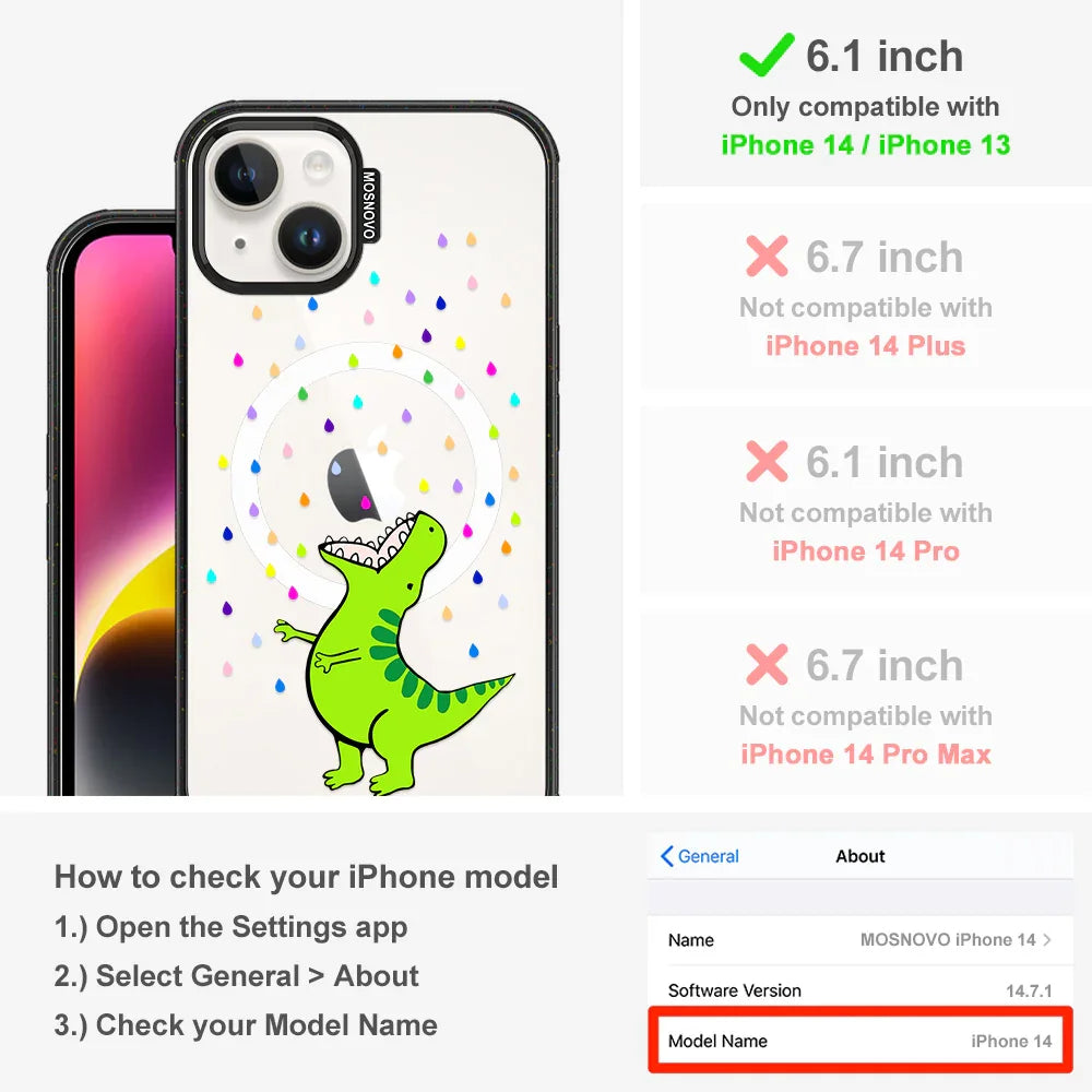 Rainbow Dinosaur Phone Case - iPhone 13 Case Clear Black ShockStone With MagSafe