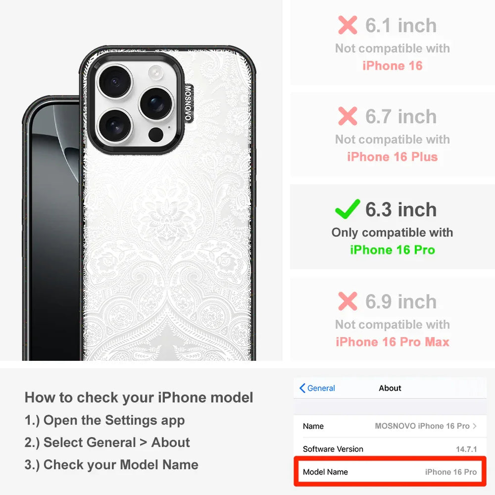 White Damask Phone Case - iPhone 16 Pro Case Clear Black ShockStone