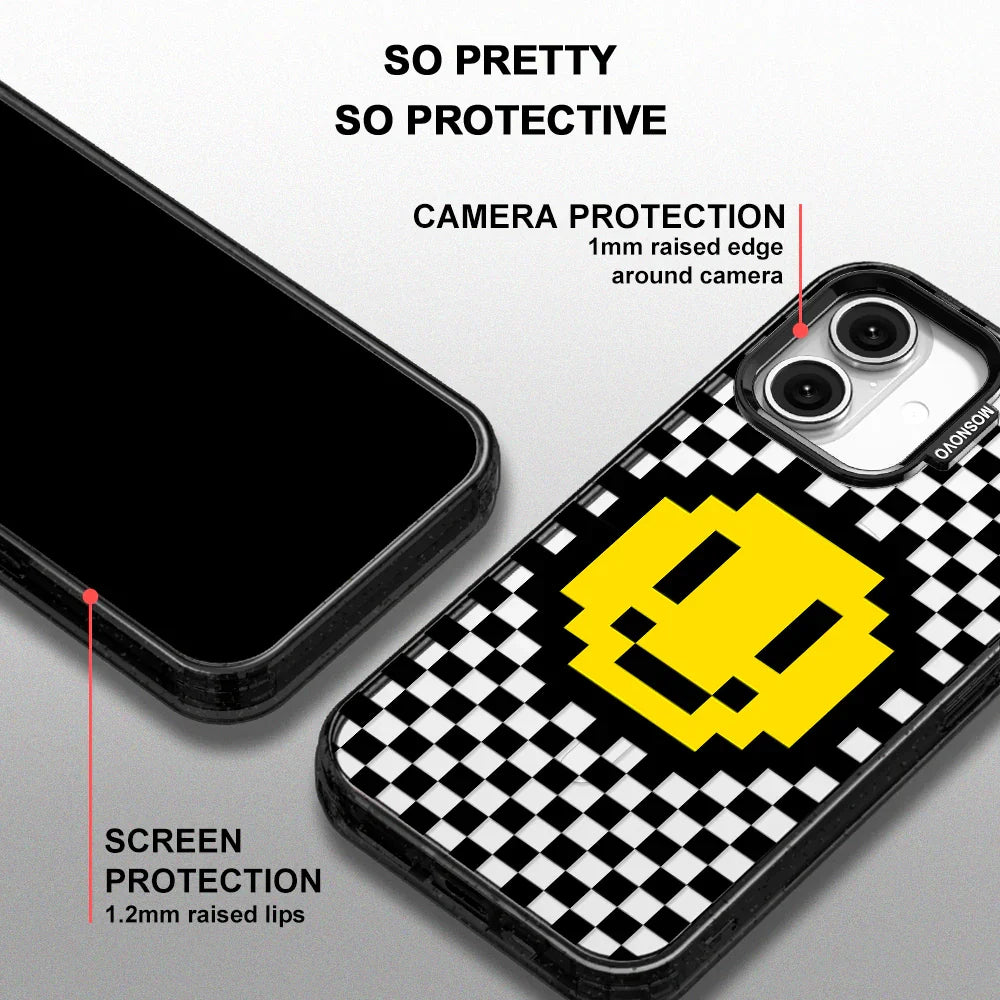 Smile Checkered Phone Case - iPhone 16 Case Clear Black ShockStone With MagSafe