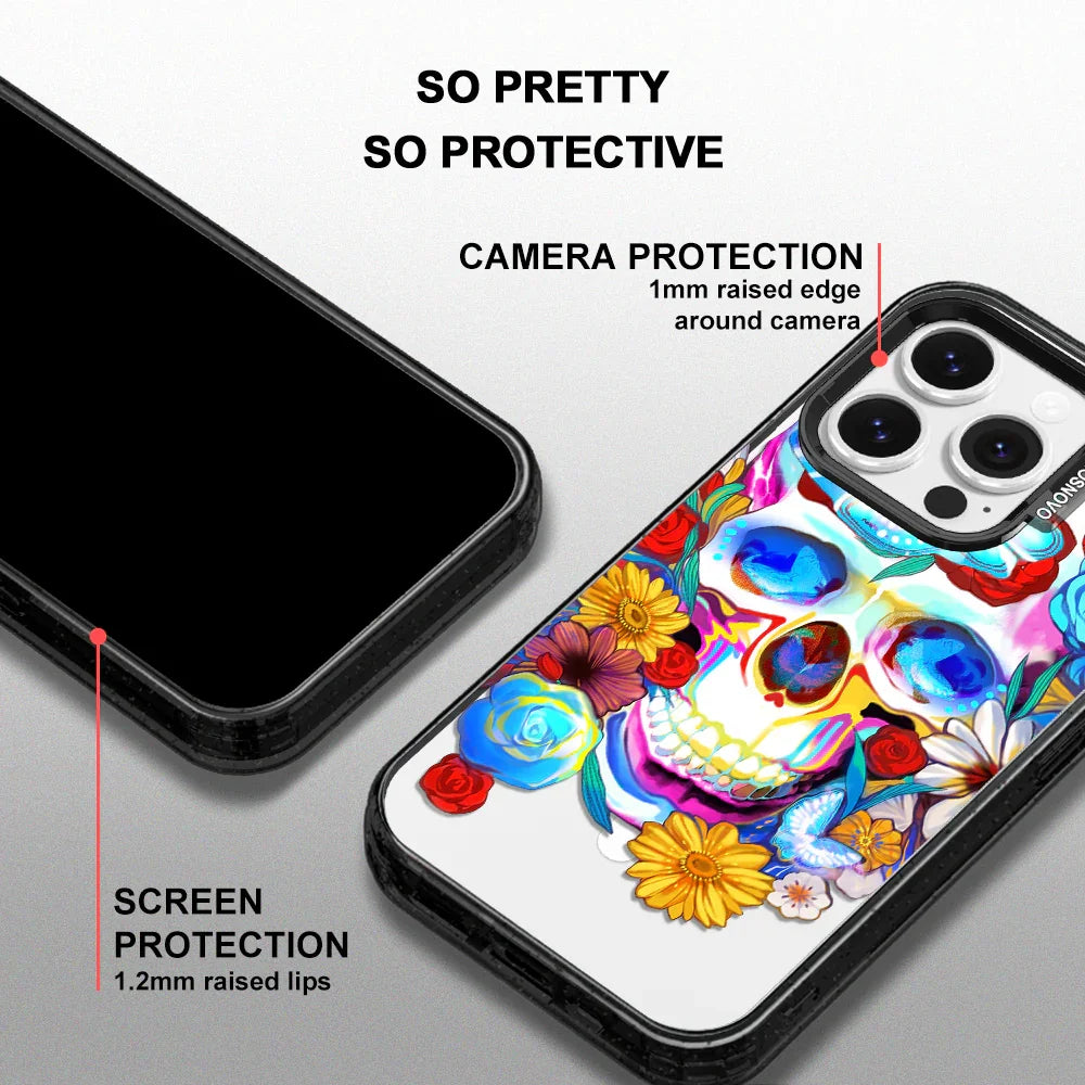 Sugar Flower Skull Phone Case - iPhone 14 Pro Case Clear Black ShockStone With MagSafe