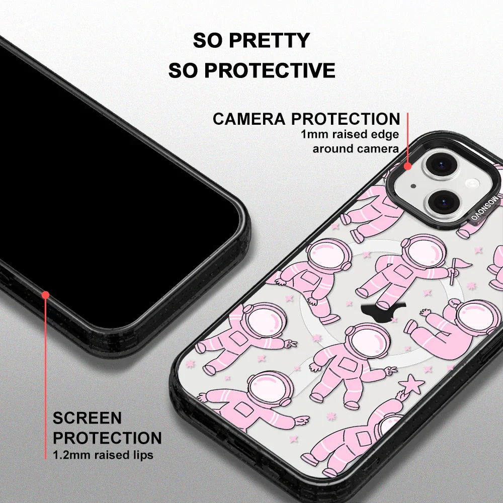 Pink Astronaut Phone Case - iPhone 13 Case Clear Black ShockStone With MagSafe