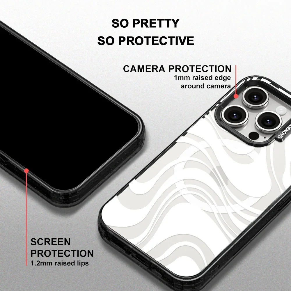 White Swirl Phone Case - iPhone 15 Pro Case Clear Black ShockStone With MagSafe