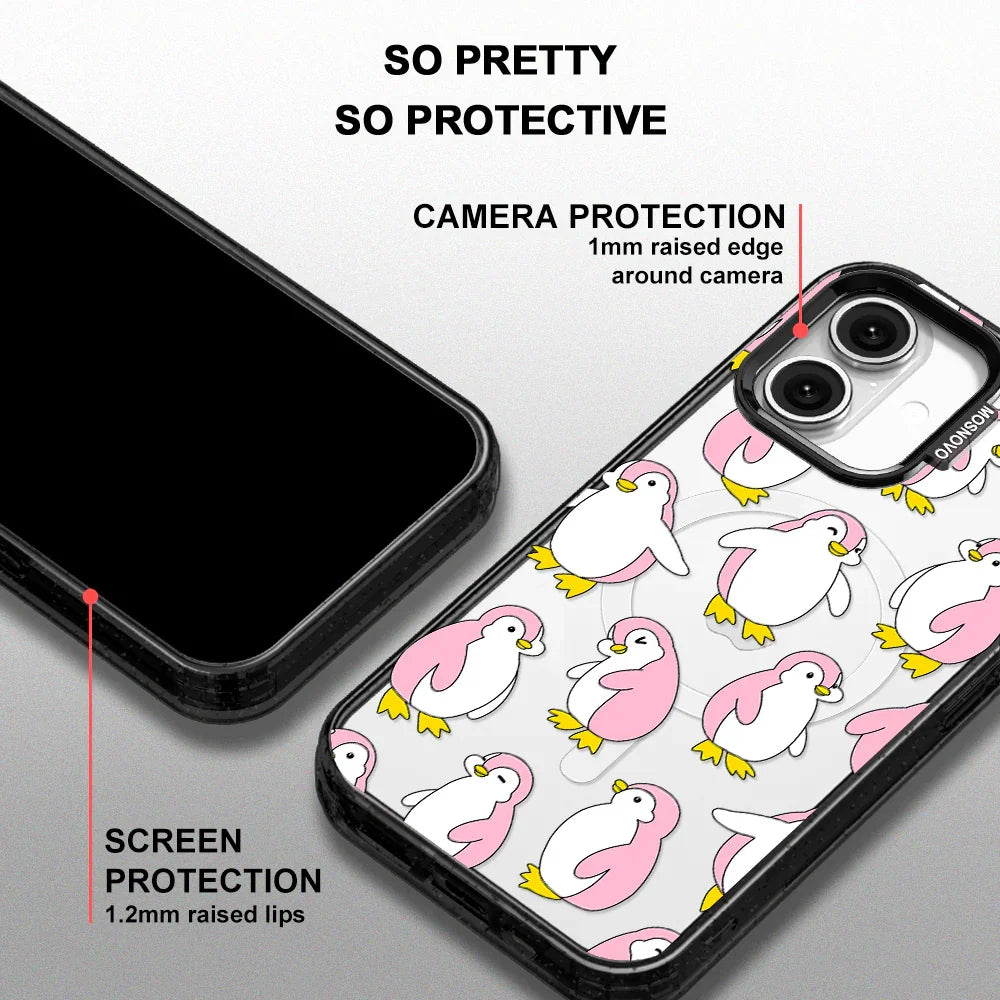 Pink Penguins Phone Case - iPhone 16 Plus Case Clear Black ShockStone With MagSafe