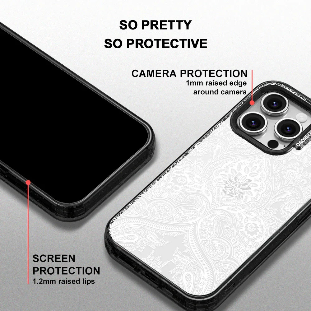 White Damask Phone Case - iPhone 16 Pro Case Clear Black ShockStone