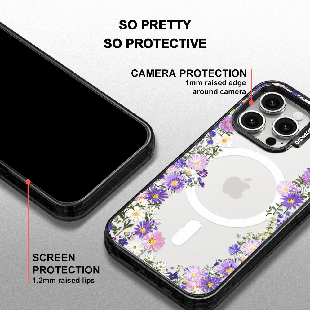 Purple Daisy Garden Phone Case - iPhone 15 Pro Max Case Clear Black ShockStone With MagSafe