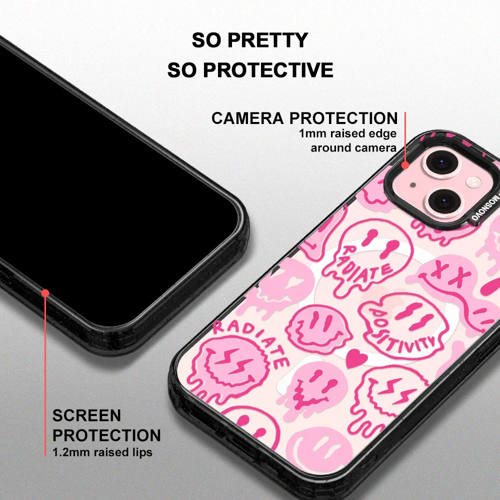 Pink Dripping Smiles Positivity Radiate Face Phone Case - iPhone 15 Case Clear Black ShockStone With MagSafe