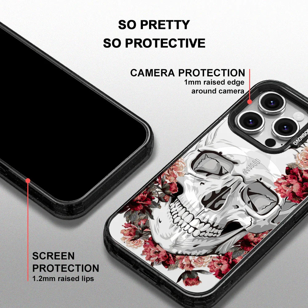 Red Flower Skull Phone Case - iPhone 16 Pro Case Clear Black ShockStone With MagSafe