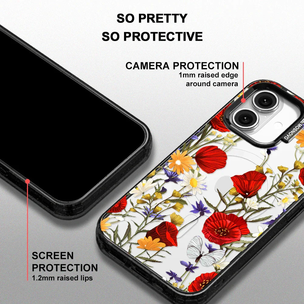 Poppy Floral Phone Case - iPhone 16 Plus Case Clear Black ShockStone With MagSafe