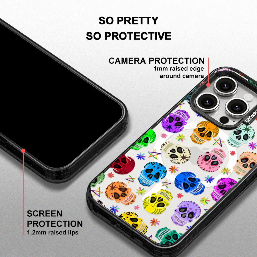 Sugar Skull Phone Case - iPhone 15 Pro Case Clear Black ShockStone With MagSafe