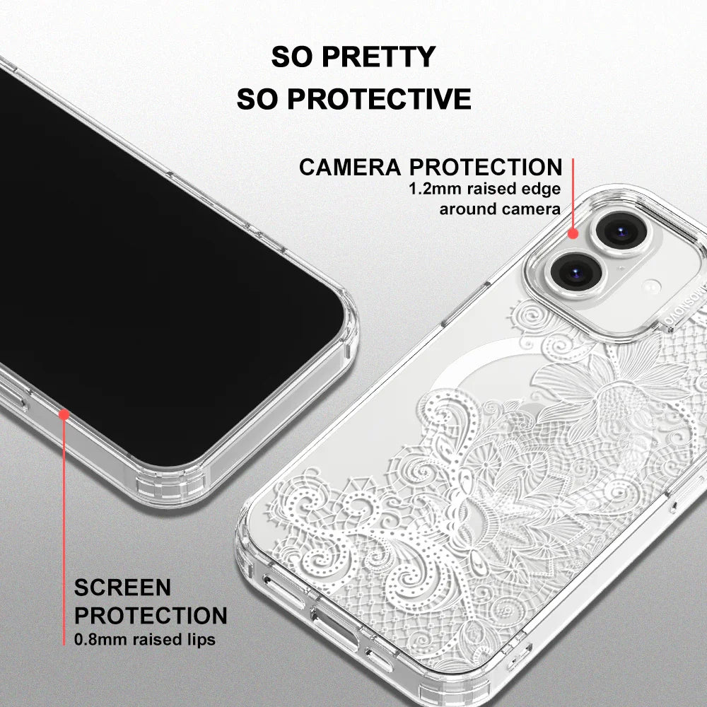 Lacy White Flower Phone Case - iPhone 16 Case Clear With MagSafe