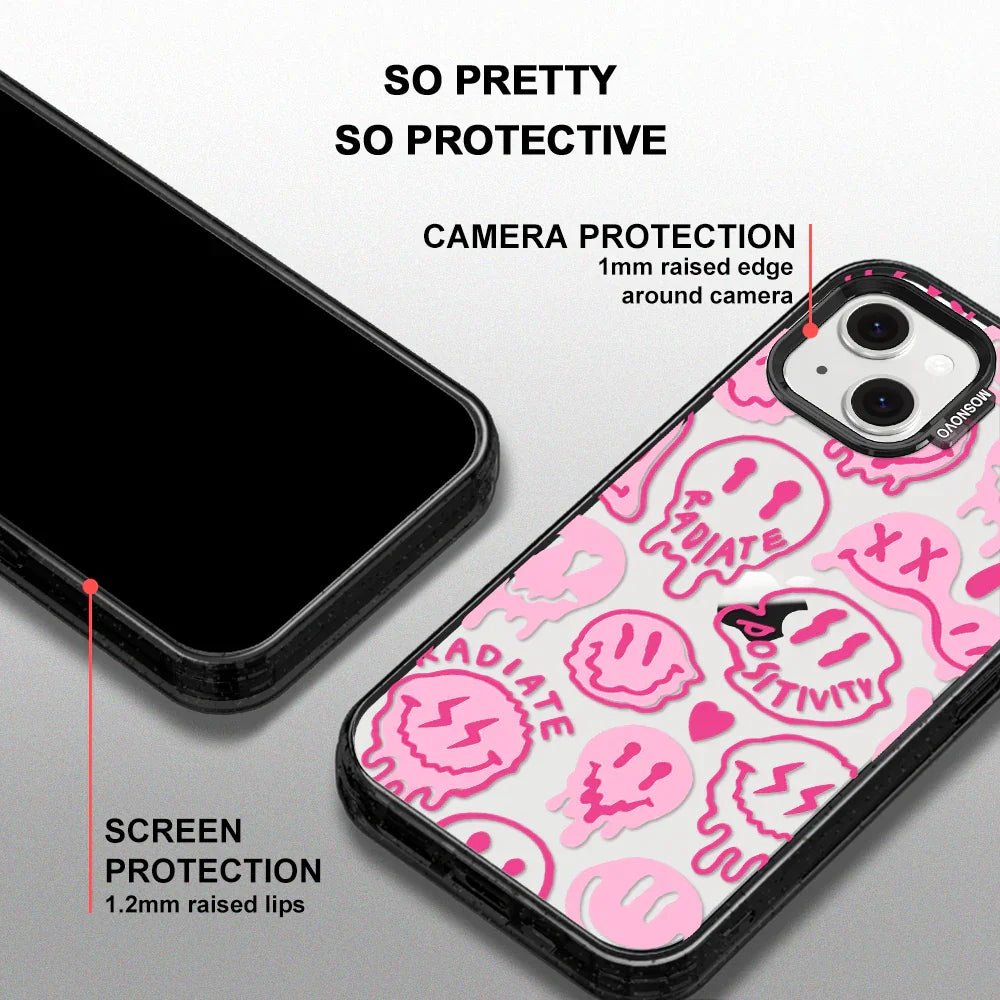 Pink Dripping Smiles Positivity Radiate Face Phone Case - iPhone 14 Case Clear Black ShockStone