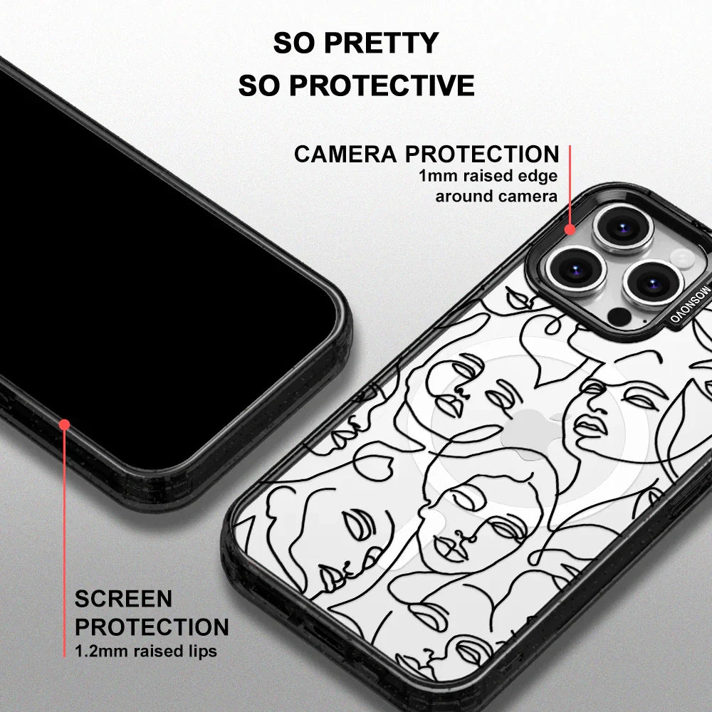 Abstract Face Line Art Phone Case - iPhone 16 Pro Max Case Clear Black ShockStone With MagSafe