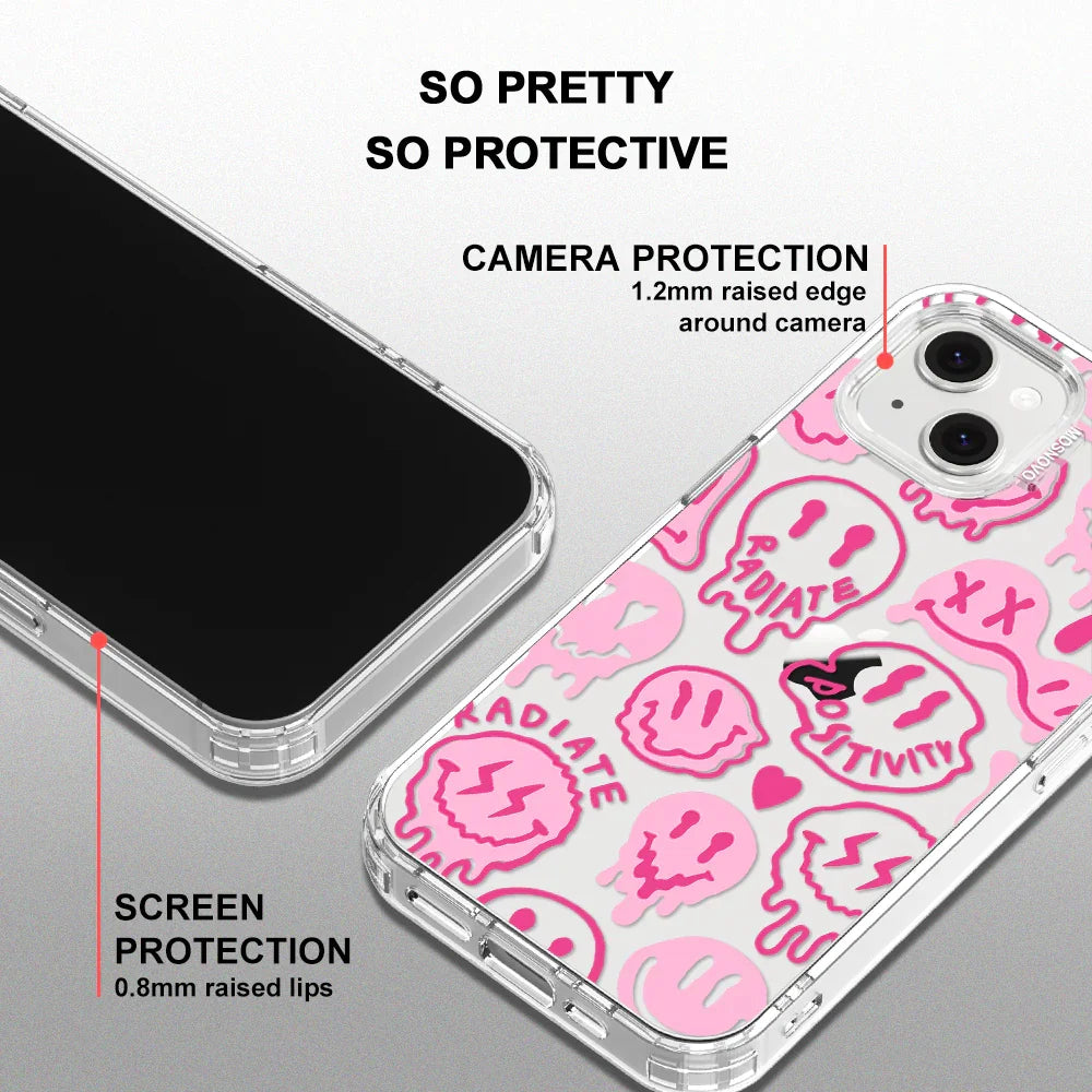 Pink Dripping Smiles Positivity Radiate Face Phone Case - iPhone 14 Case Clear