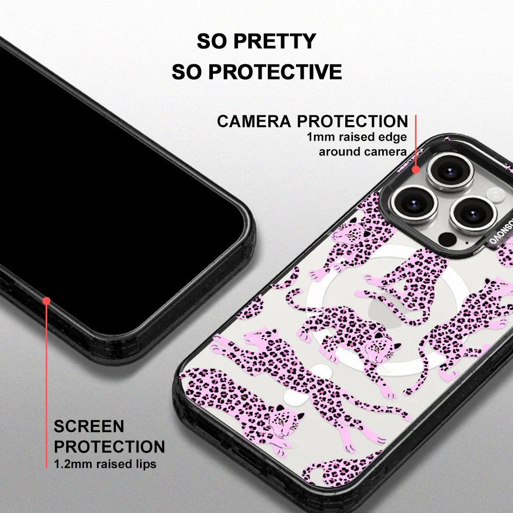 Pink Leopard Phone Case - iPhone 15 Pro Case Clear Black ShockStone With MagSafe