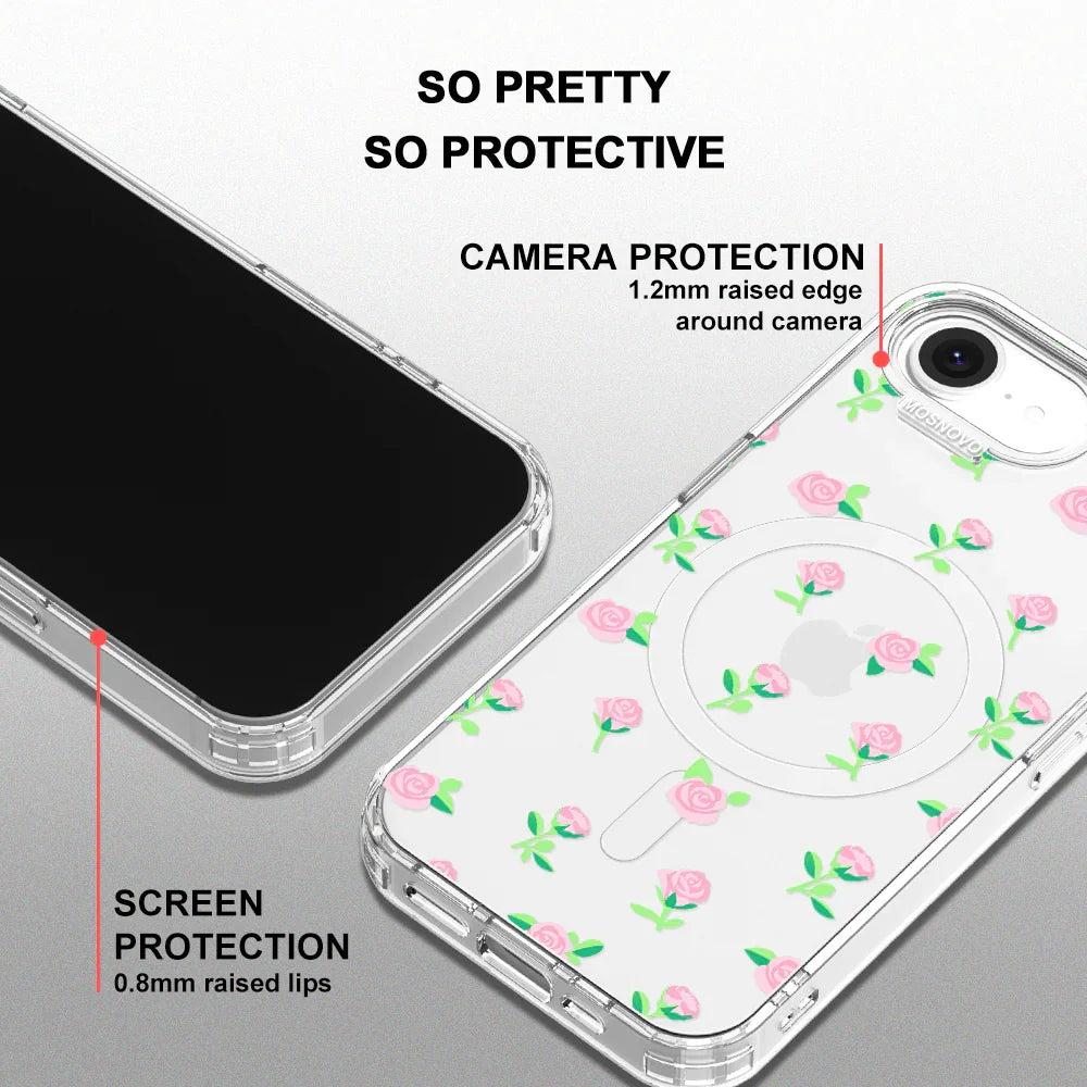 Pink Rose Floral Phone Case - iPhone 16e Case Clear With MagSafe