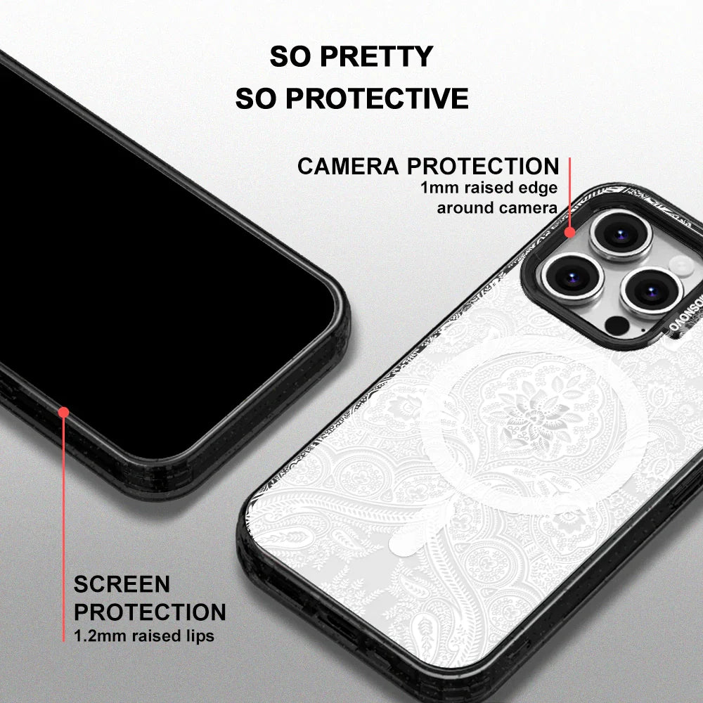 White Damask Phone Case - iPhone 16 Pro Case Clear Black ShockStone With MagSafe