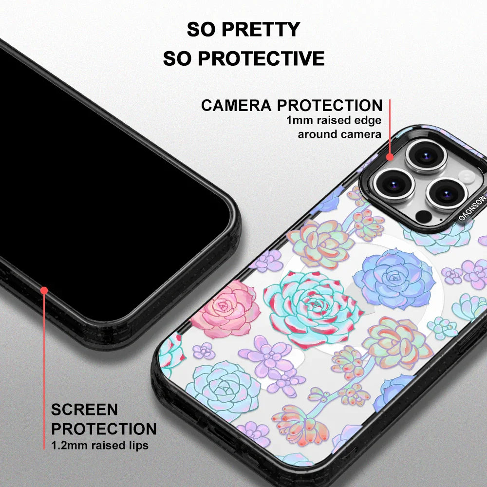 Succulents Phone Case - iPhone 16 Pro Max Case Clear Black ShockStone With MagSafe