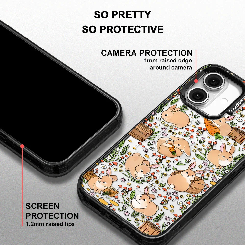 Cute Bunny Garden Phone Case - iPhone 16 Case Clear Black ShockStone With MagSafe