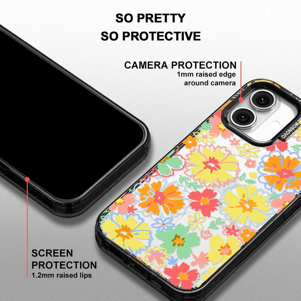 Retro Boho Hippie Flowers Phone Case - iPhone 16 Plus Case Clear Black ShockStone With MagSafe