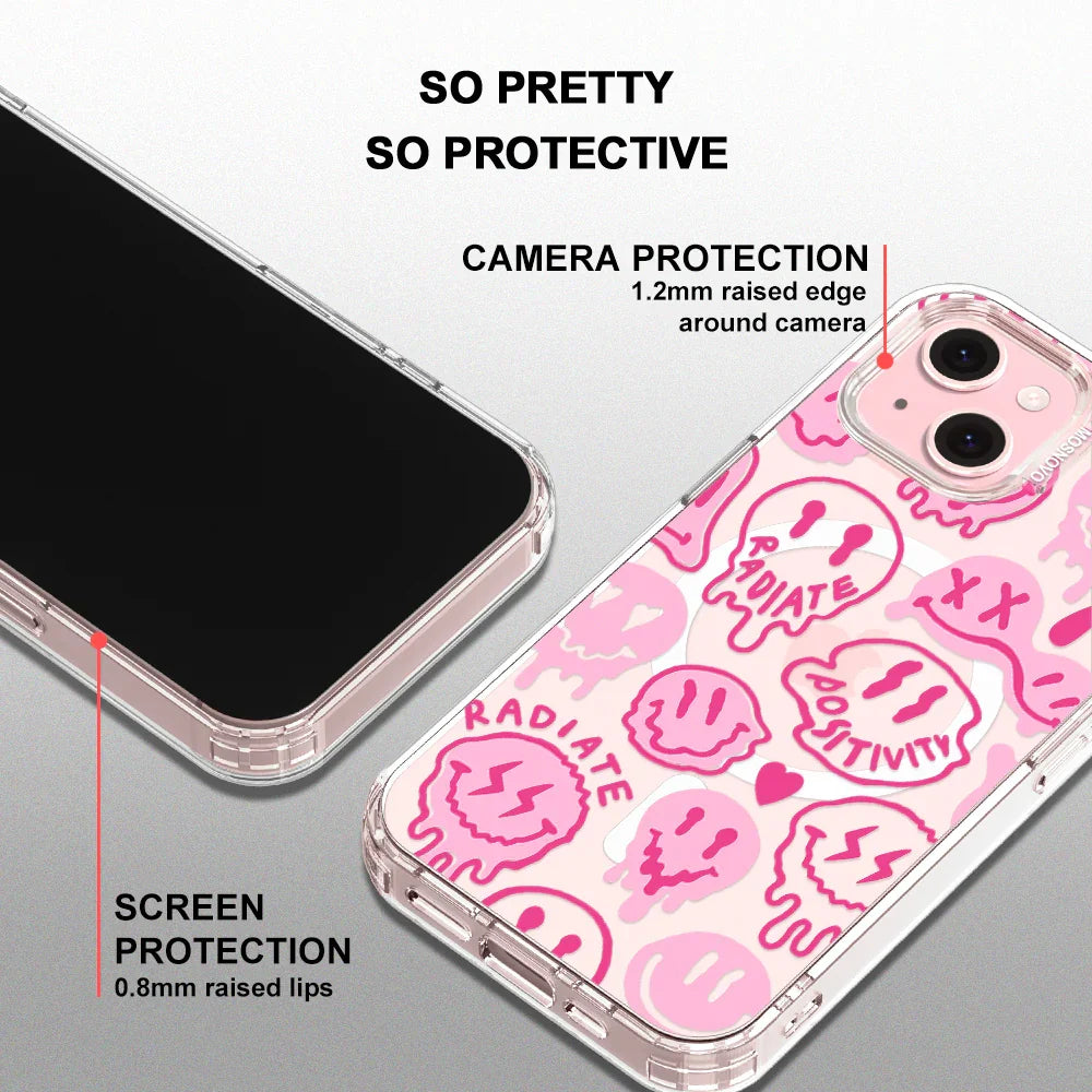 Pink Dripping Smiles Positivity Radiate Face Phone Case - iPhone 15 Case Clear With MagSafe