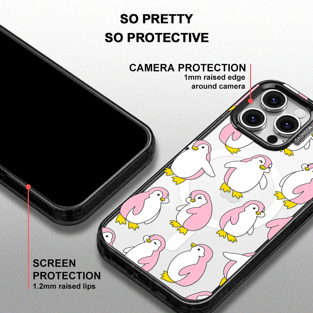 Pink Penguins Phone Case - iPhone 16 Pro Max Case Clear Black ShockStone With MagSafe