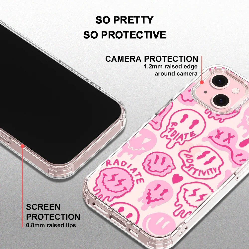 Pink Dripping Smiles Positivity Radiate Face Phone Case - iPhone 15 Case Clear