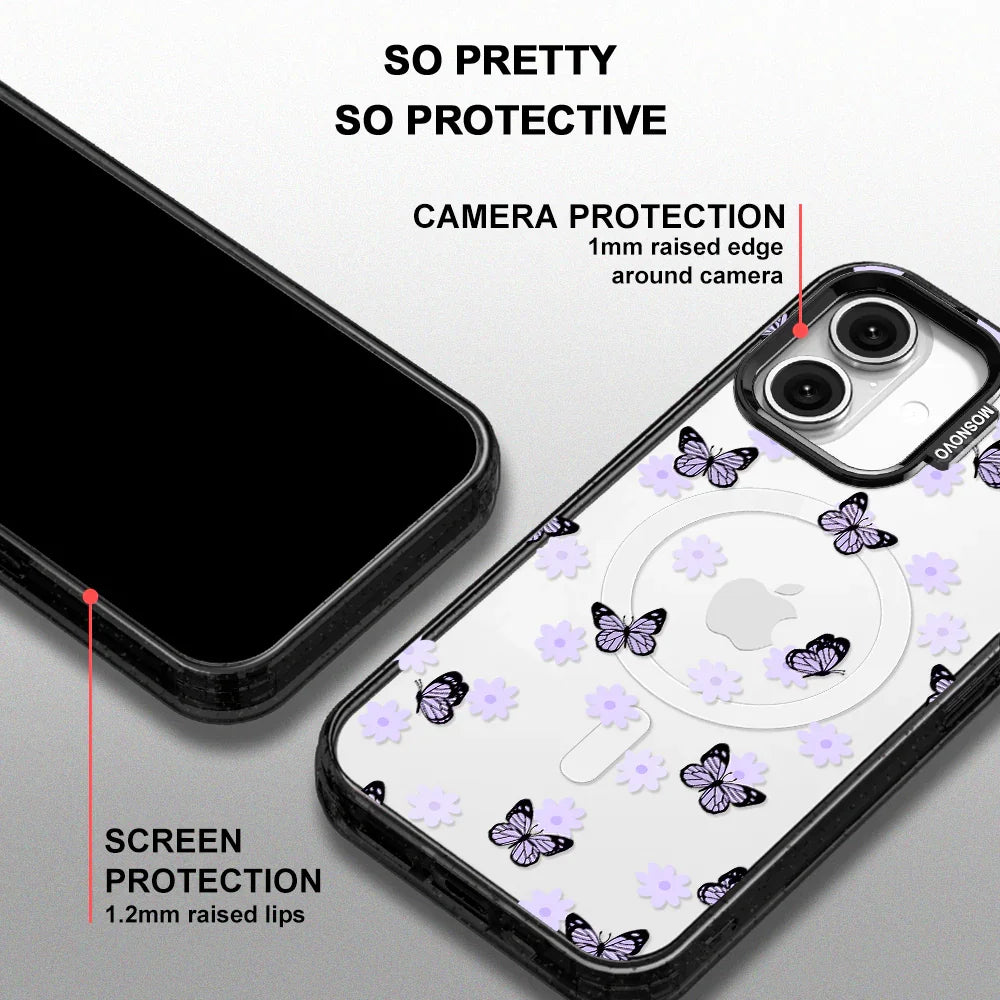 Lilac Butterfly Phone Case - iPhone 16 Case Clear Black ShockStone With MagSafe